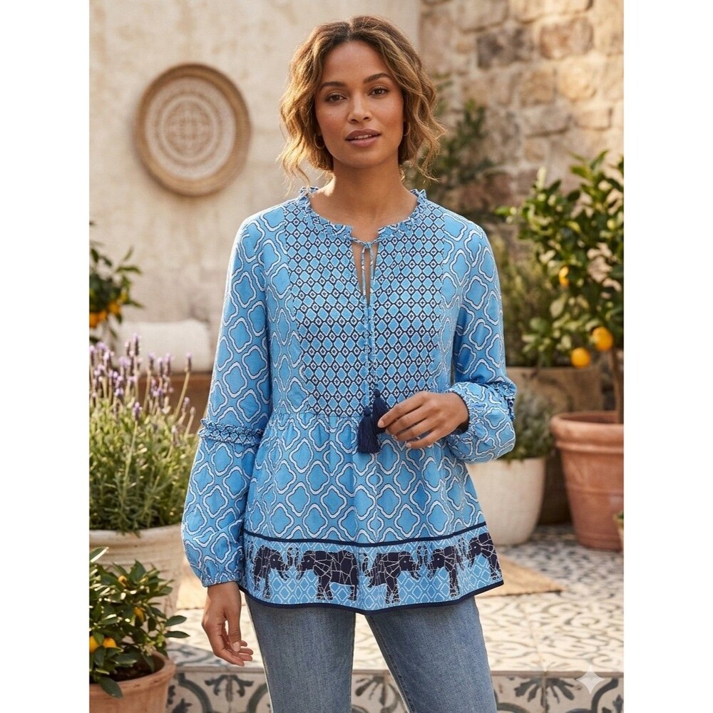 Crown & Ivy Boho Blue Elephant Print Tunic Blouse  Geometric Long Sleeve  Sz XL